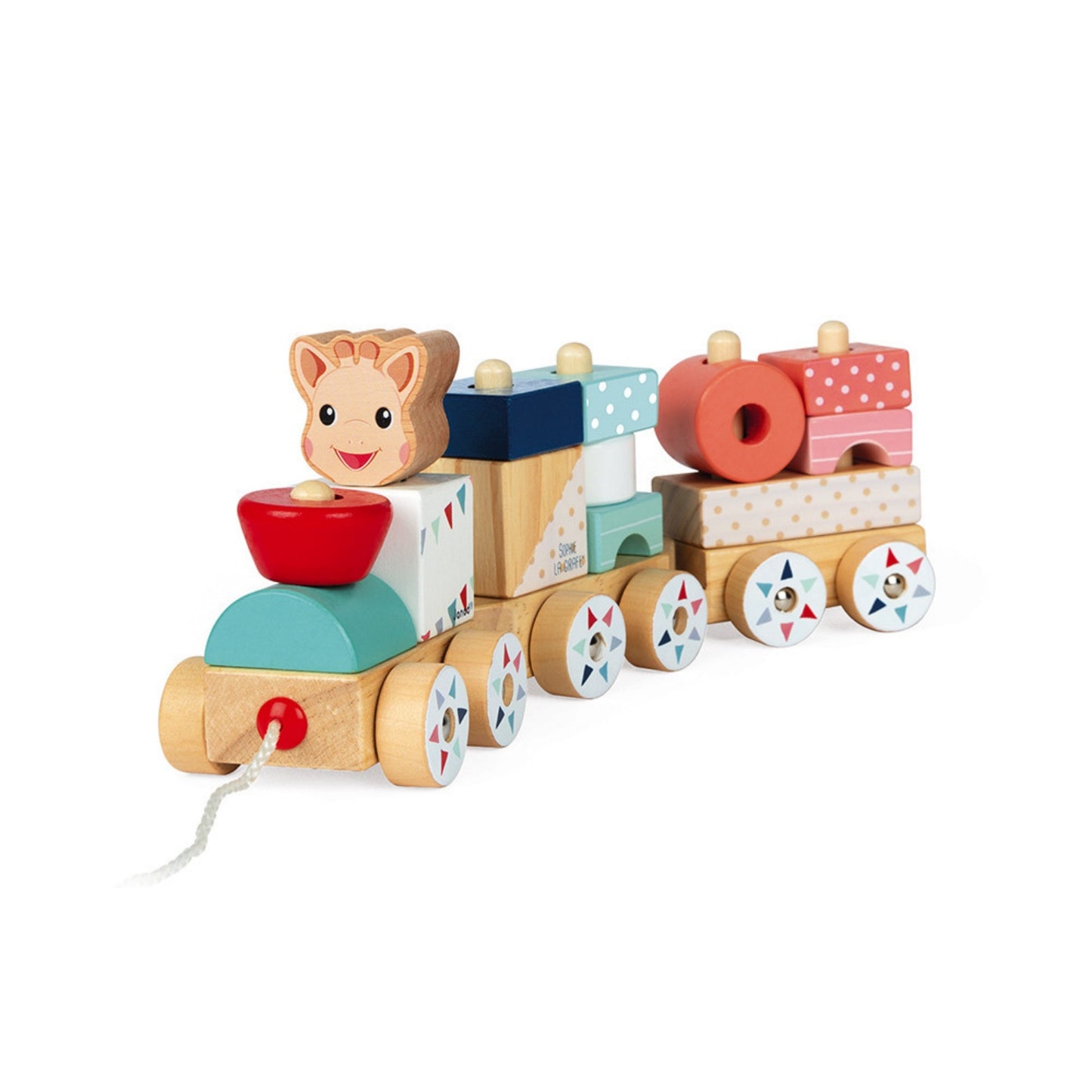 Janod Sophie la girafe Wooden Train | Wooden Toddler Activity Toy | Front Right Side View | BeoVERDE.ie