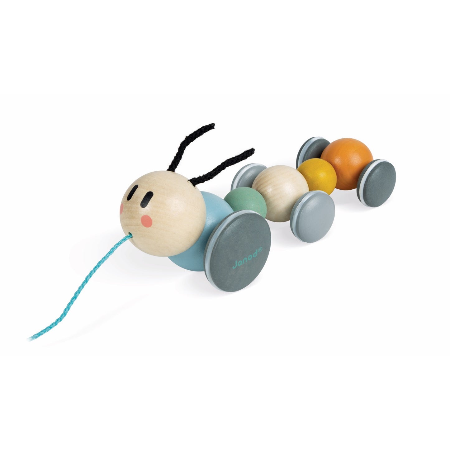 Janod Sweet Cocoon Pull-Along Caterpillar | Scandi Style Wooden Toddler Activity Toy | Front Left Side View | BeoVERDE.ie