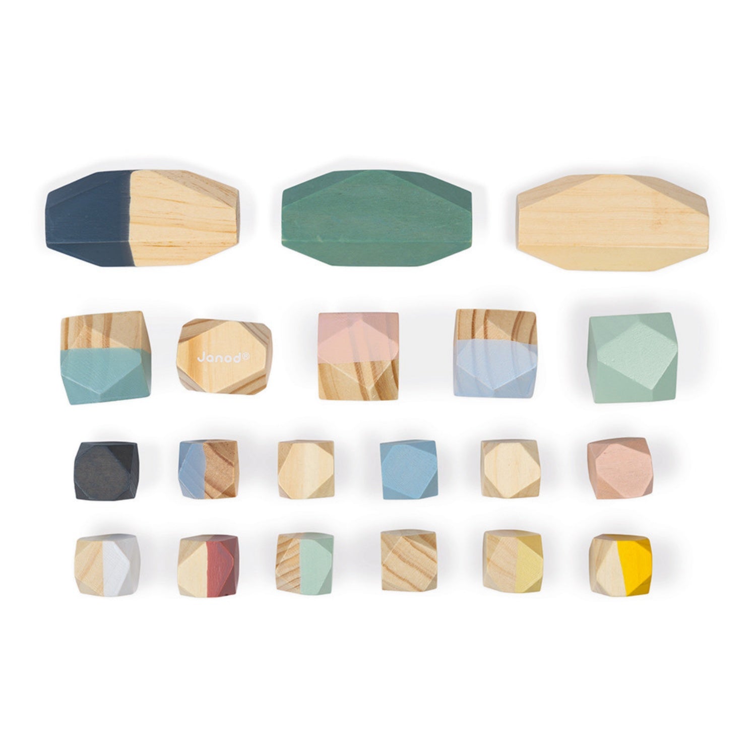 Janod Sweet Cocoon Stacking Stones | Scandi Style Wooden Toy | Top View Stones Lined Up | BeoVERDE.ie