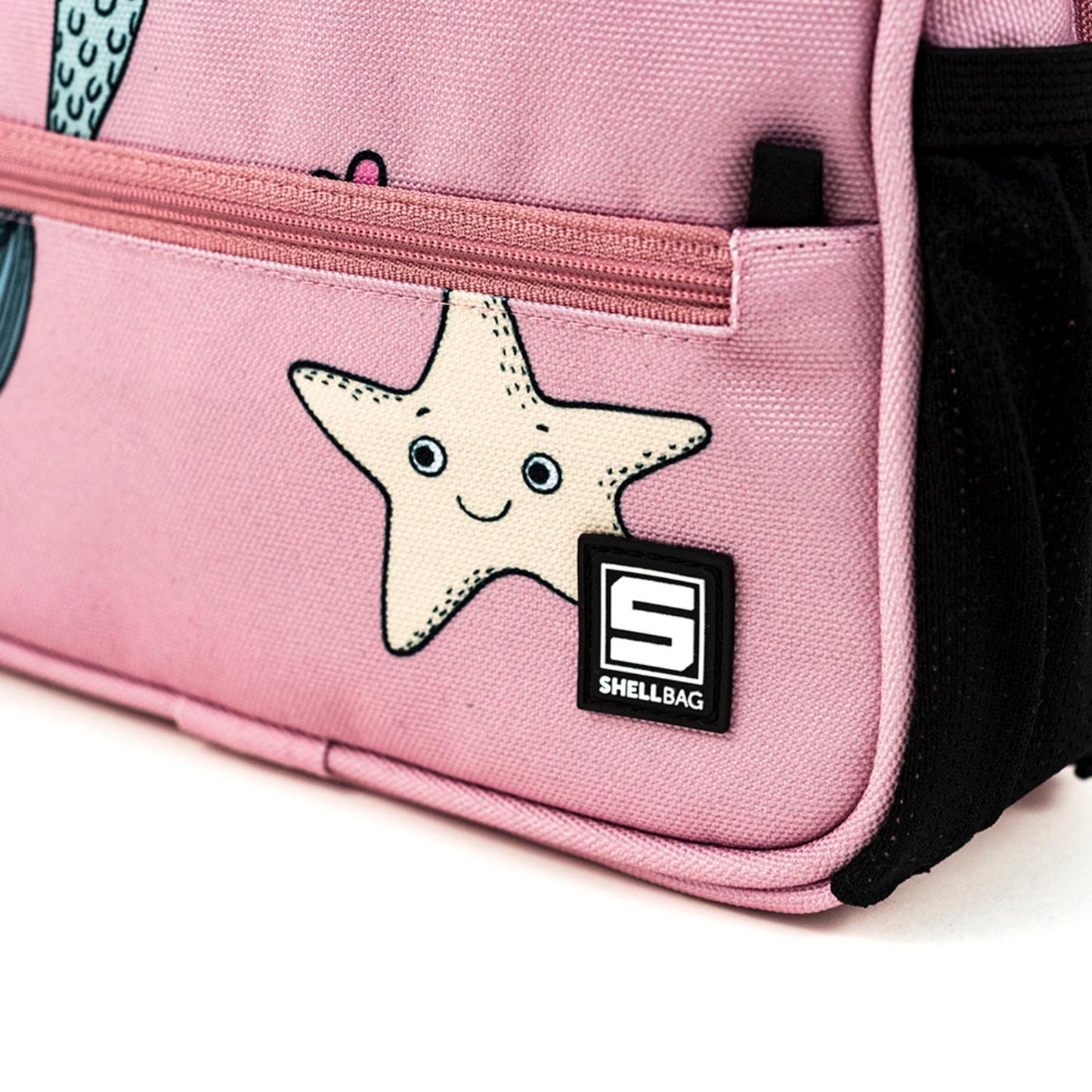 Shellbag Little Mermaid Mini Backpack | Kid’s Backpack for Creche, Nursery & School | Closeup - Zip-up Front Pocket with Logo | BeoVERDE.ie