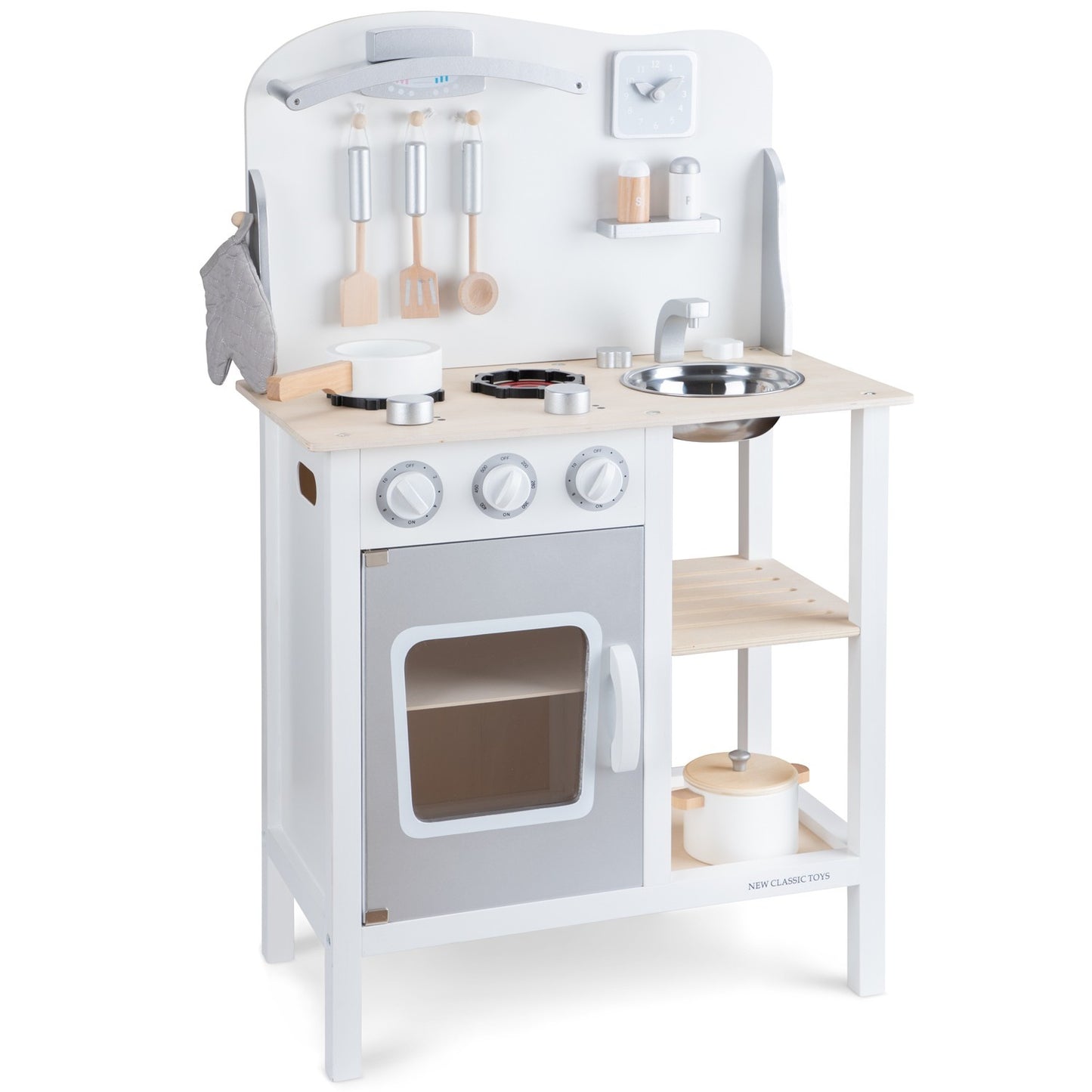 New Classic Toys Kitchen With Pot & Pan | Scandi-Style Pretend Play Kitchen | Front Side View | BeoVERDE.ie