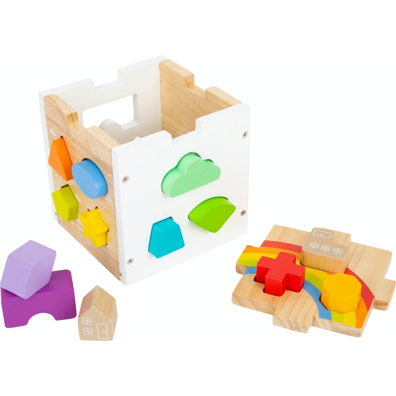 Small Foot Wooden Rainbow Shape Sorter Cube | Baby & Toddler Activity Toy | Cube Open With Pieces | BeoVERDE.ie