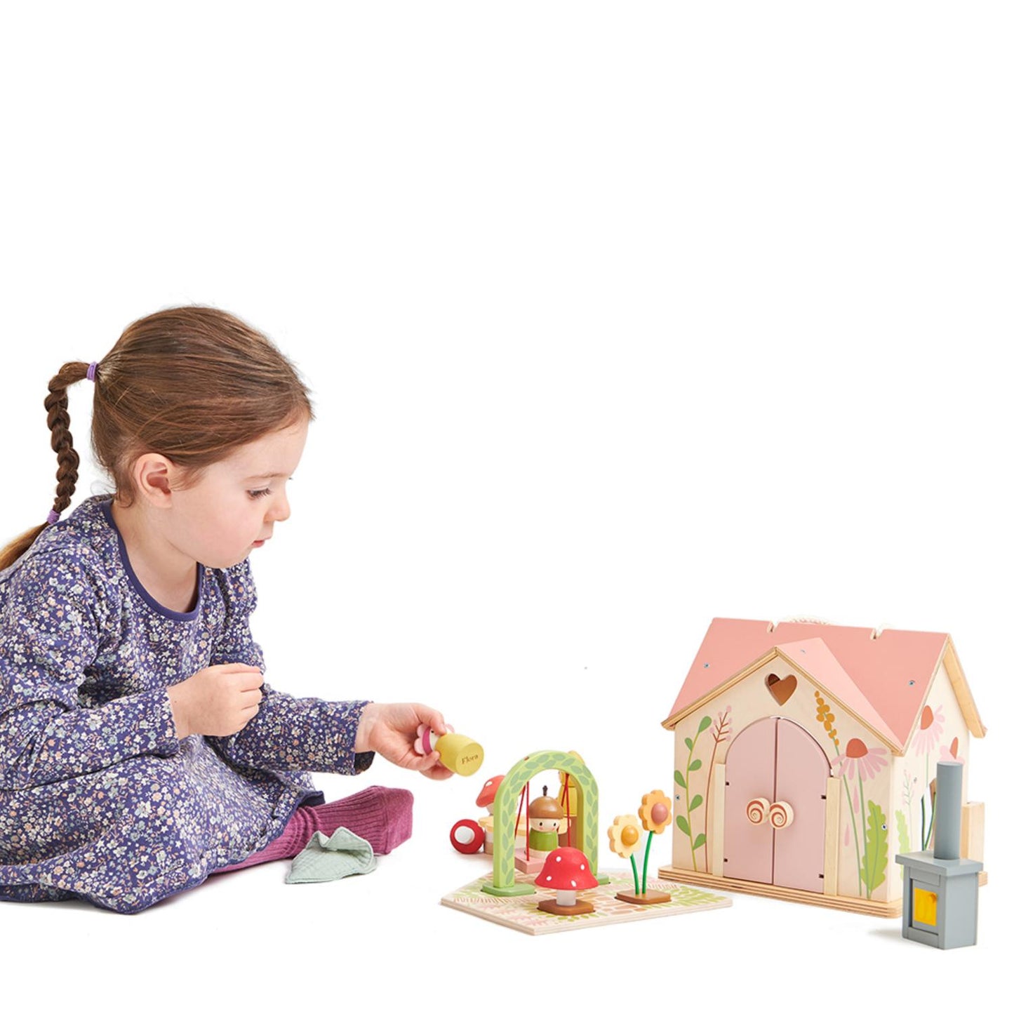 Tender Leaf Toys Rosewood Cottage | Portable Wooden Doll House | Lifestyle – Girl Playing With Doll House | BeoVERDE.ie