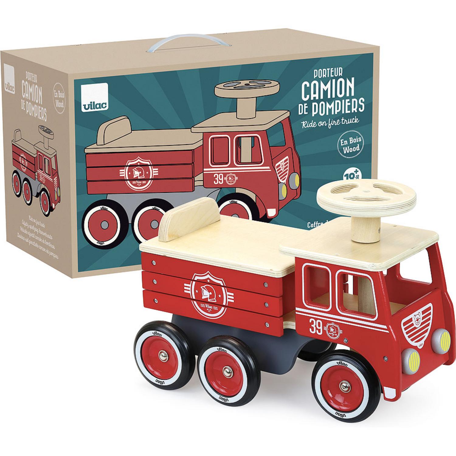 Vilac Ride On Fire Truck | Baby & Toddler Activity Wooden Toy | Packaging and Ride On Fire Truck | BeoVERDE.ie