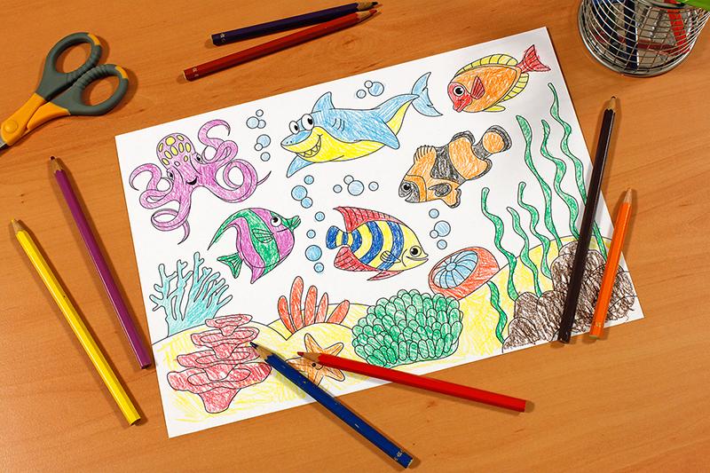 Self-Stick Colouring Book | Sea World Adventures | Coloured Page | BeoVERDE.ie