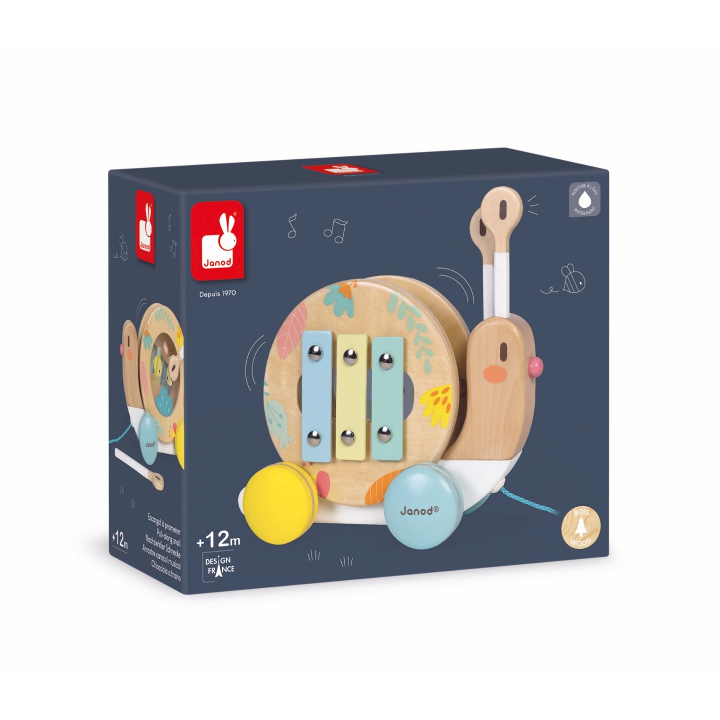 Janod Pure Pull-Along Snail | Wooden Toddler Activity Toy | Packaging | BeoVERDE.ie