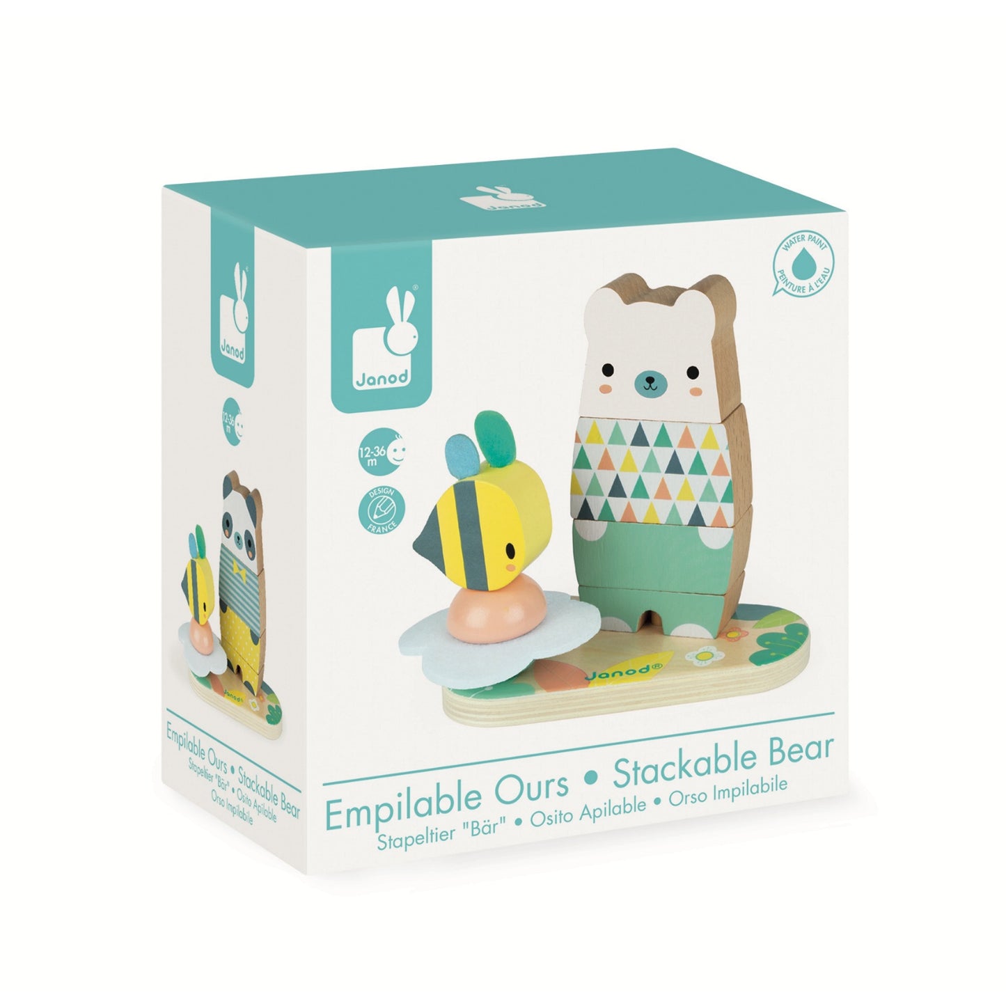 Janod Pure Stackable Bear | Wooden Toddler Activity Toy | Packaging | BeoVERDE.ie