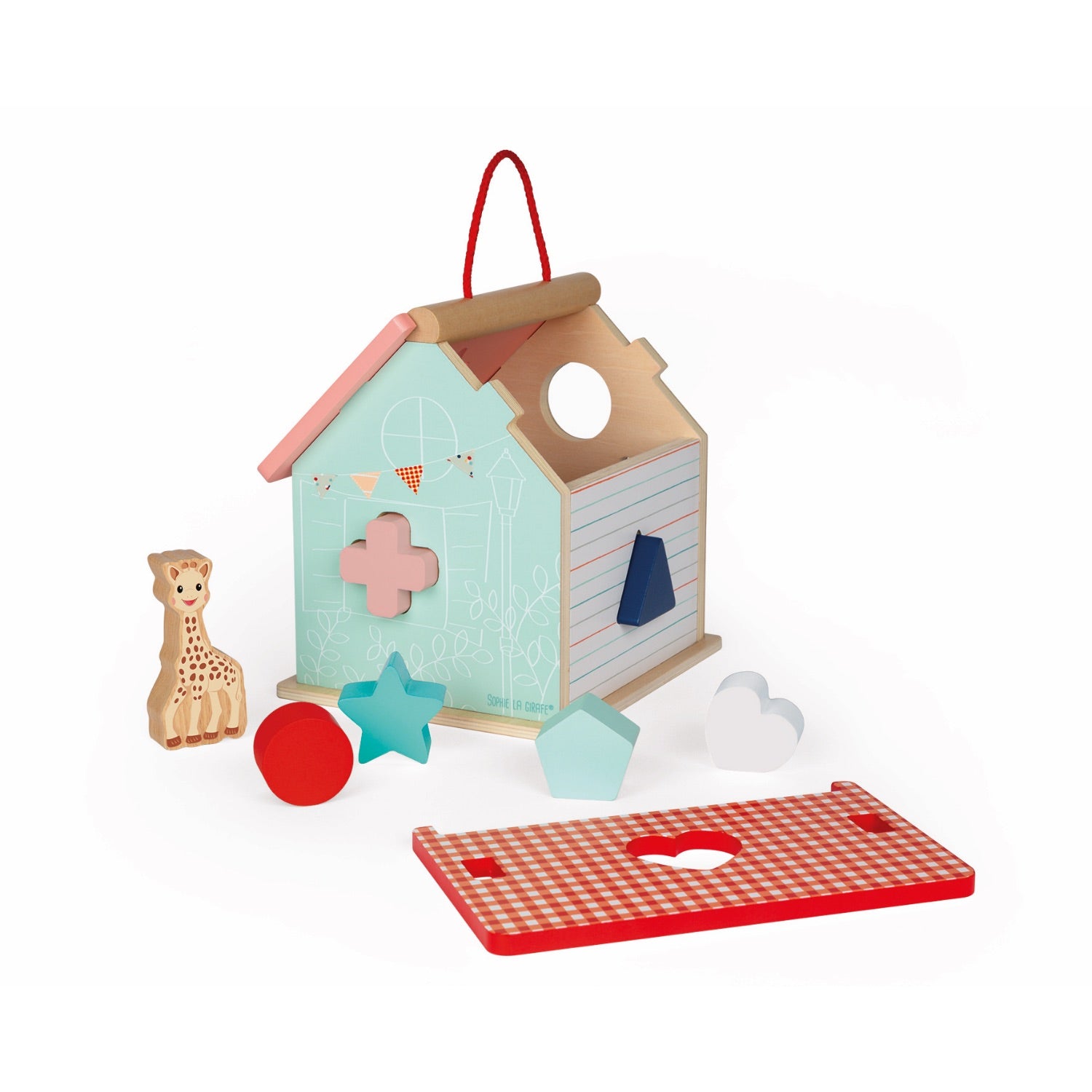 Sophie la girafe Shape Sorting House | Wooden Toddler Activity Toy | Back Right Side View – Roof Detached | BeoVERDE.ie