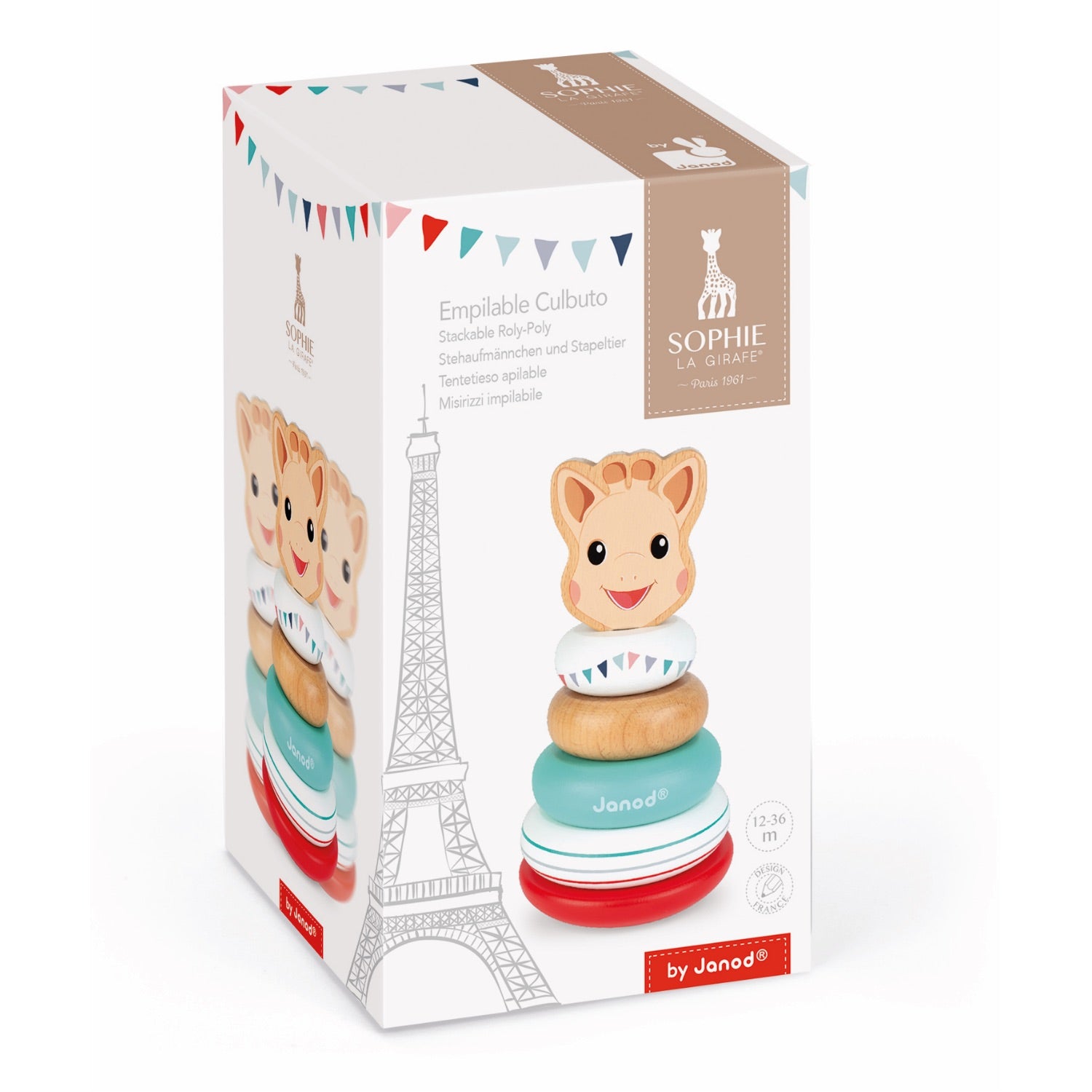 Sophie la girafe Stackable Roly-Poly | Wooden Toddler Activity Toy | Packaging | BeoVERDE.ie
