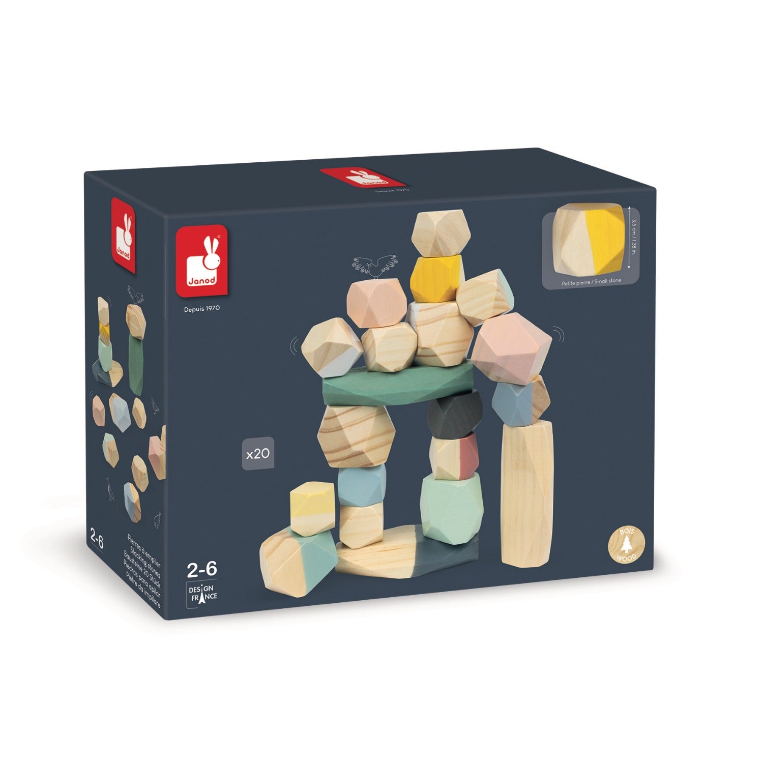 Janod Sweet Cocoon Stacking Stones | Scandi Style Wooden Toy | Packaging | BeoVERDE.ie