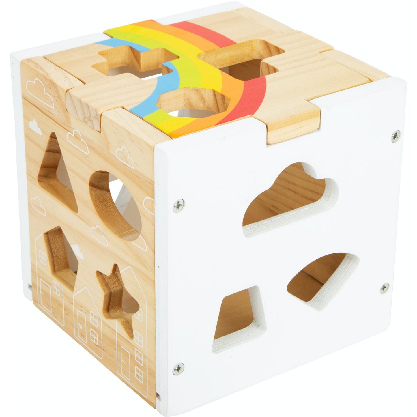 Small Foot Wooden Rainbow Shape Sorter Cube | Baby & Toddler Activity Toy | Cube Empty – Right Side View | BeoVERDE.ie