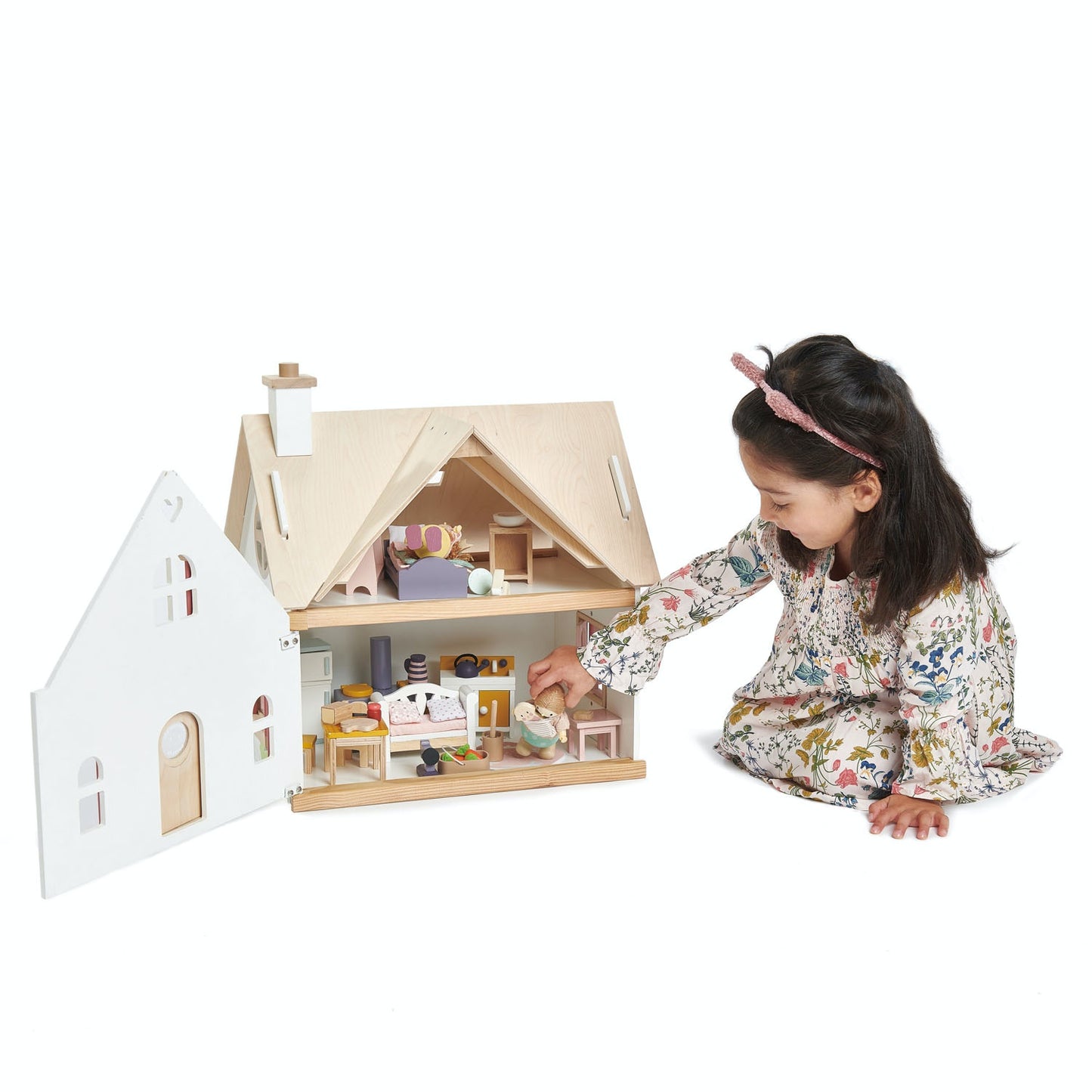 Tender Leaf Toys Cottontail Cottage | Wooden Doll's House Including Furniture | Lifestyle – Girl Playing House Open | BeoVERDE.ie