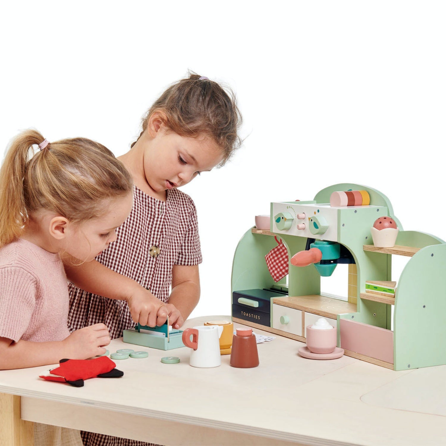 Tender Leaf Toys Bird’s Nest Café | Wooden Role Play Toy Café for Kids | Inspires Pretend Play | Lifestyle – 2 Girls Playing with Café | BeoVERDE.ie