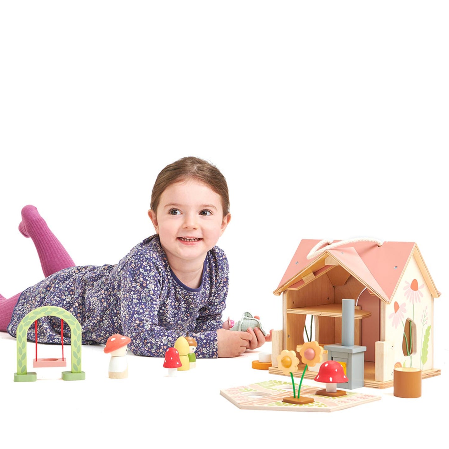 Tender Leaf Toys Rosewood Cottage | Portable Wooden Doll House | Lifestyle – Girl Playing With Doll House On The Floor | BeoVERDE.ie