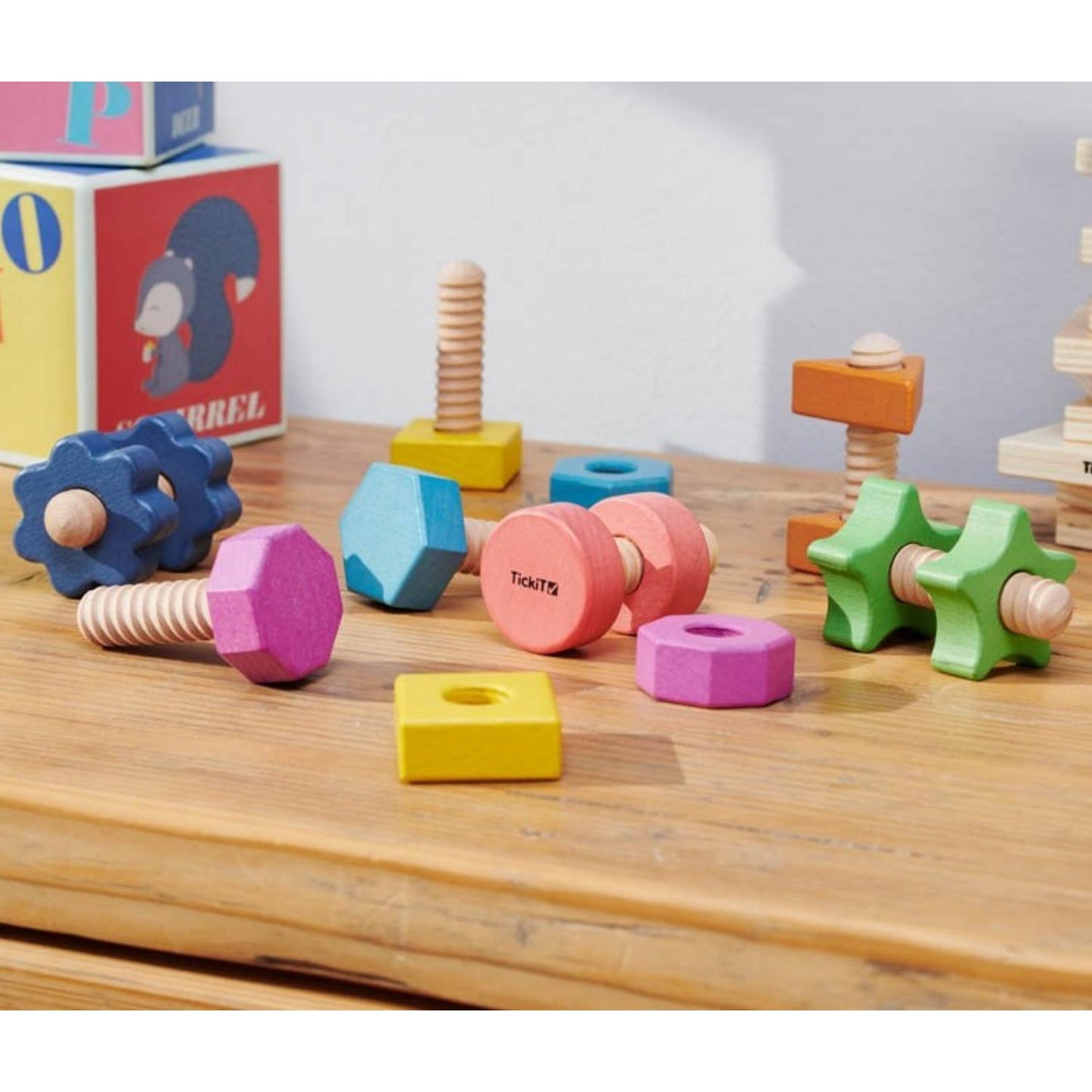 Rainbow Wooden Nuts & Bolts | Set of 7 Pieces | Wooden Loose Parts | Open-Ended Toys