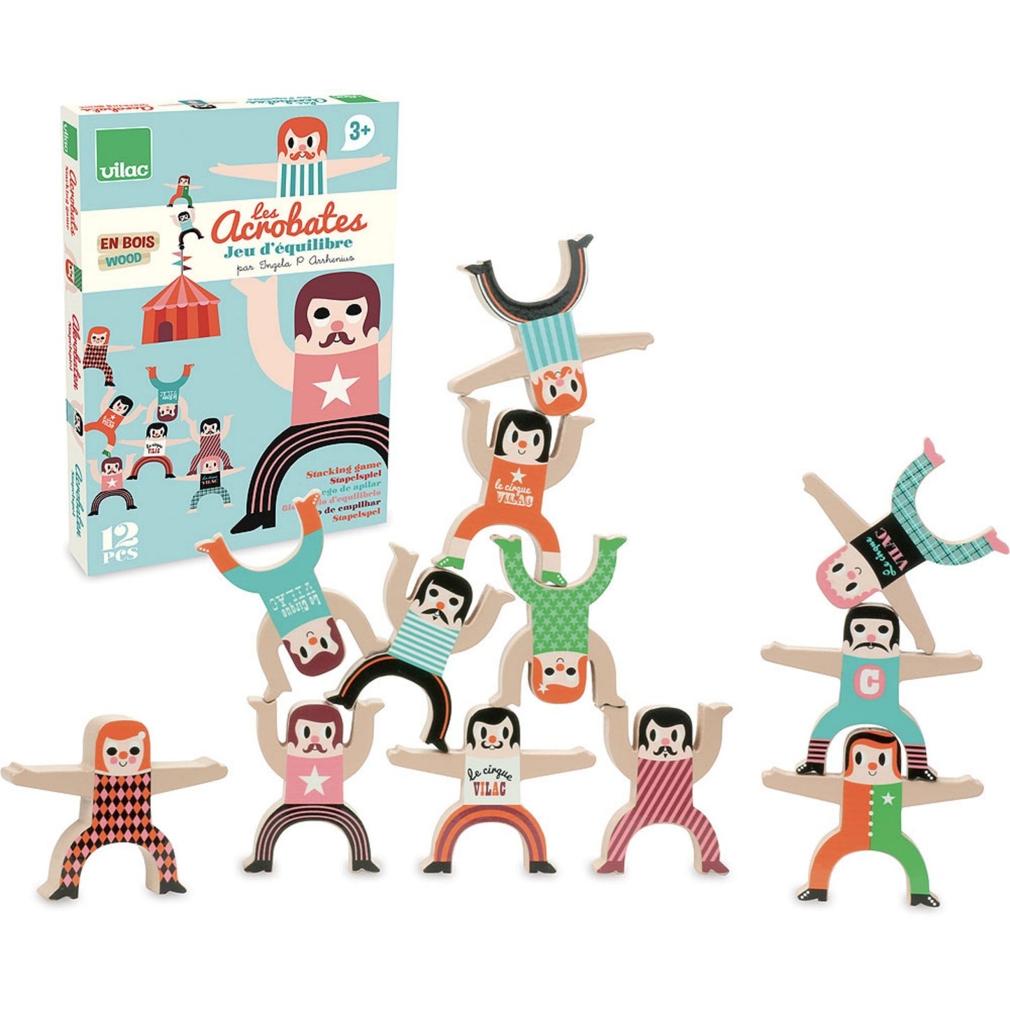Vilac Balancing Acrobats Designed by Ingela P. Arrhenius  | Hand-Crafted Wooden Toy | Wooden Stacking Balancing Game | Packaging and Acrobats | BeoVERDE.ie