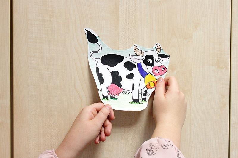 Self-Stick Colouring Book | On the Farm | Coloured Cow Cut-out Stuck to Furniture | BeoVERDE.ie