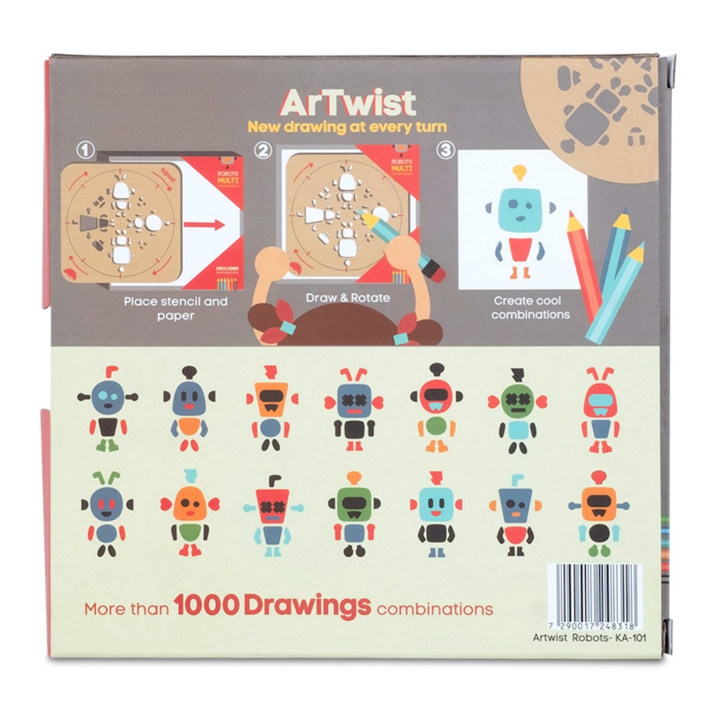 Robots - Rotating Wooden Drawing Stencil Kit for Children | Kipod Toys | Wooden Arts & Crafts Kit | Educational Wooden Toy | Packaging Back | BeoVERDE.ie