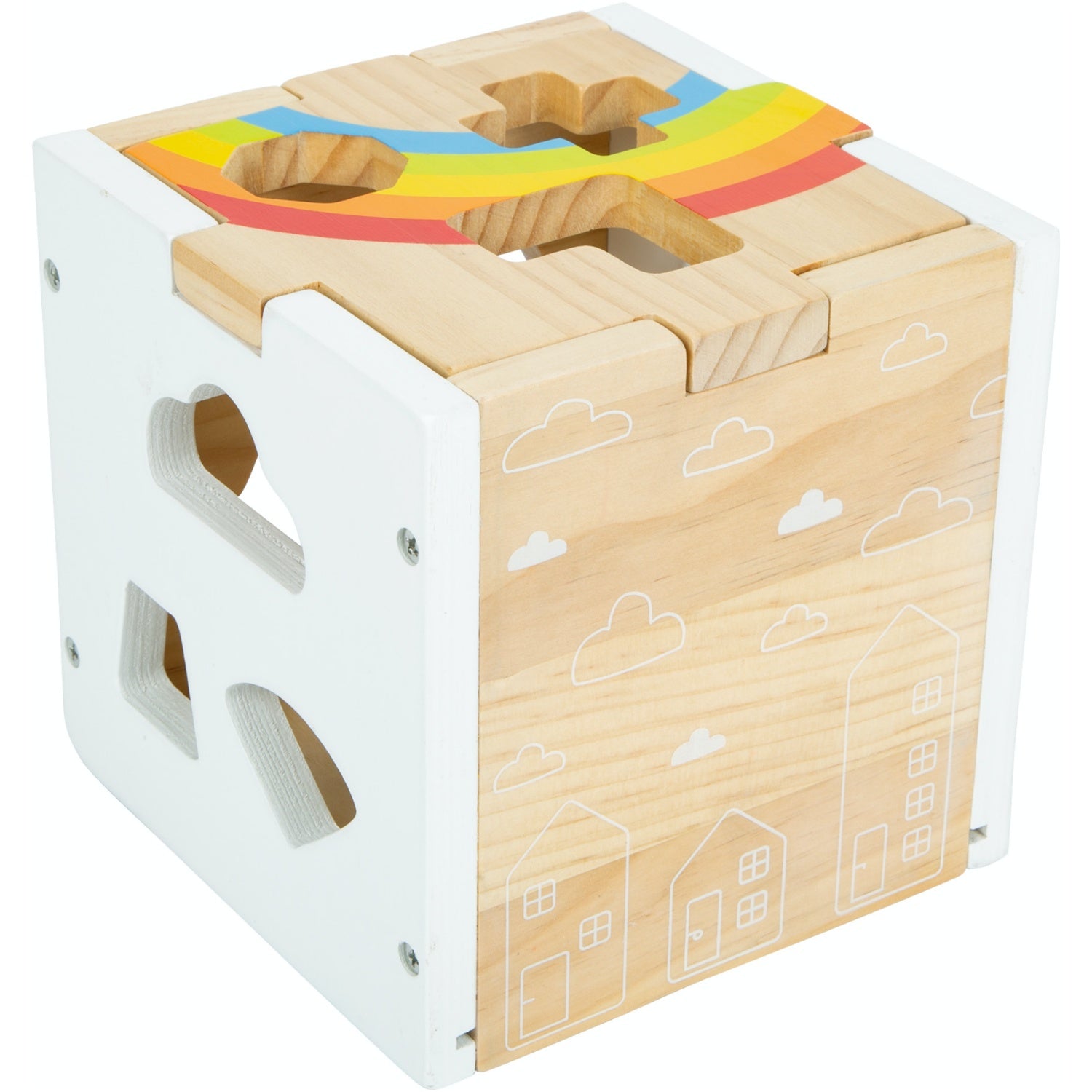 Small Foot Wooden Rainbow Shape Sorter Cube | Baby & Toddler Activity Toy | Cube Empty – Left Side View | BeoVERDE.ie