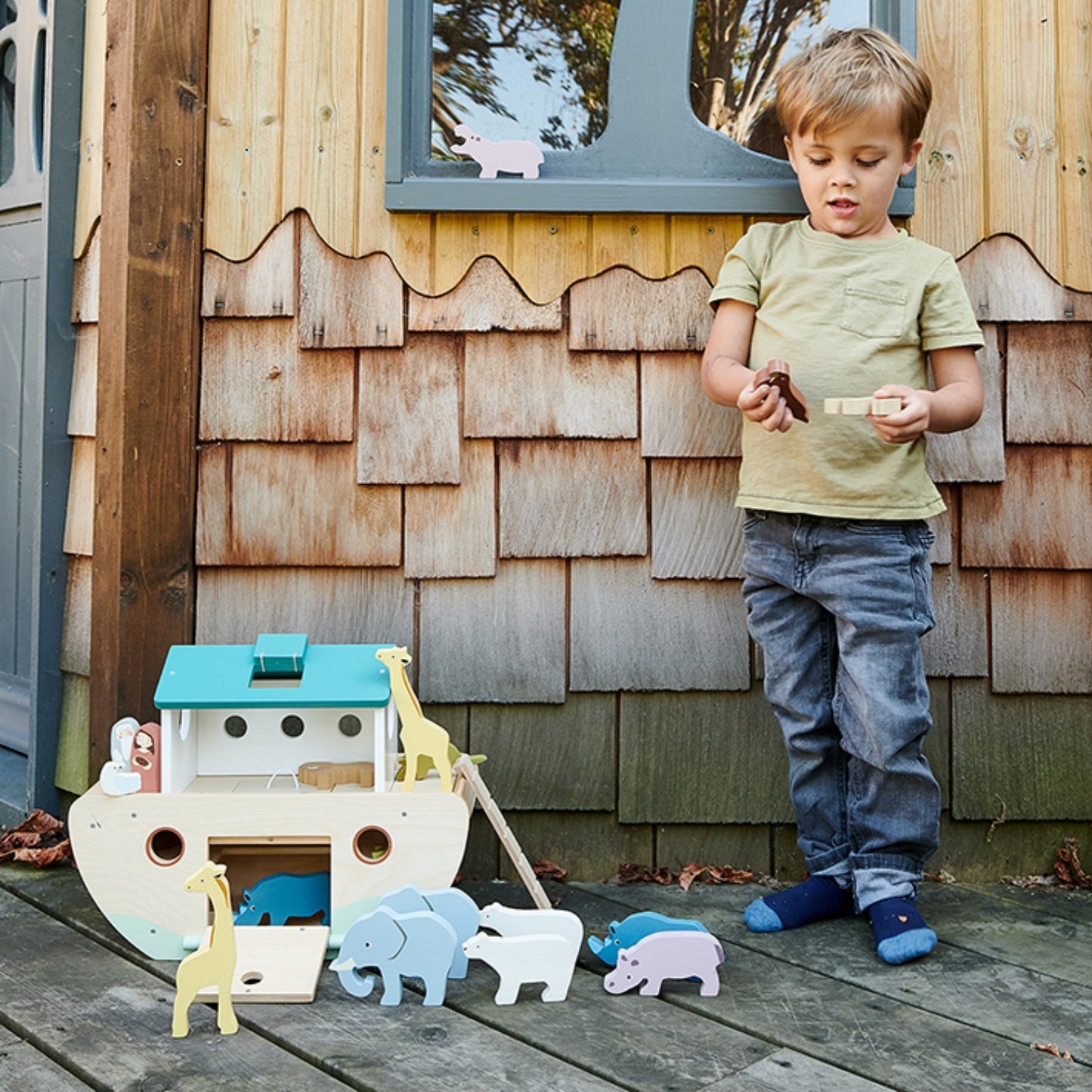 Tender Leaf Toys Noah's Wooden Ark | Hand-Crafted Wooden Toys | Lifestyle – Boy Playing | BeoVERDE.ie