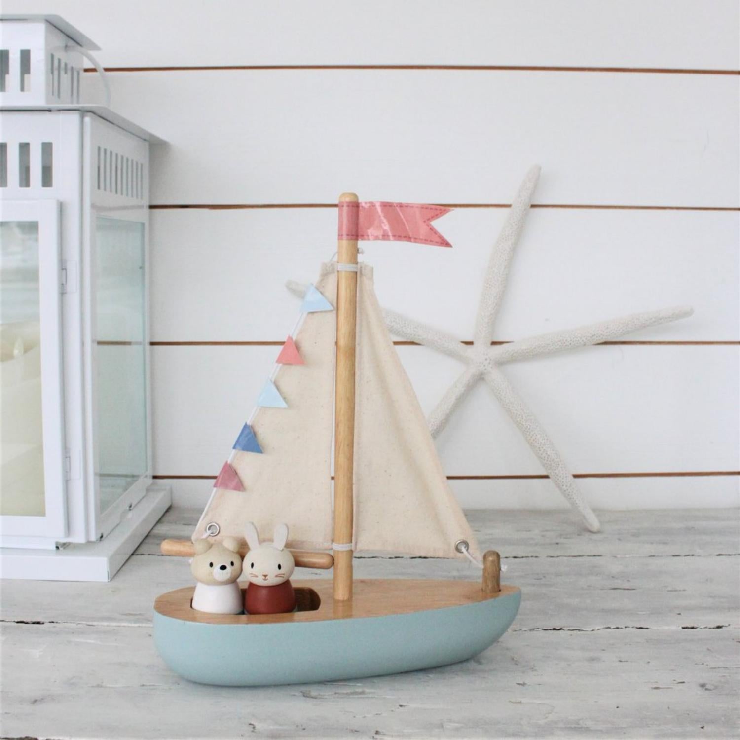 Tender Leaf Toys Sailaway Boat | Wooden Toy Play Set For Kids | Lifestyle – Boat On Shelf | BeoVERDE.ie