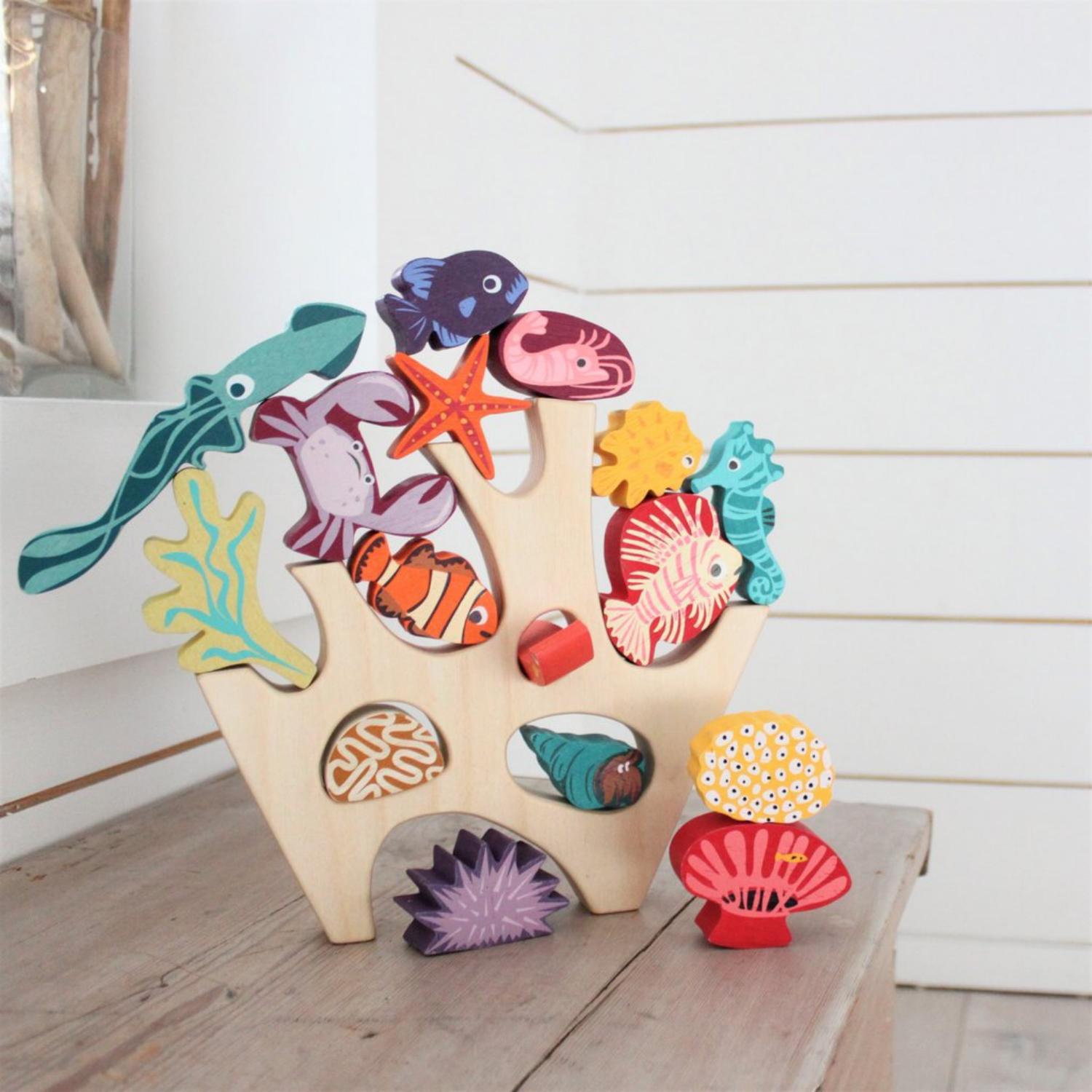 Stacking Coral Reef | Stacking + Balancing Wooden Toy | Lifestyle: Pieces Stacked On Coral In Living Room | BeoVERDE.ie