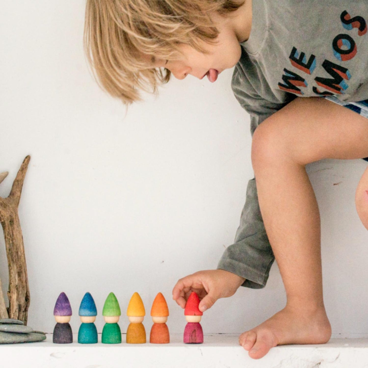 Grapat Rainbow Tomtens | Wooden Toys | Open-Ended Play Set | Lifestyle: Boy Playing | BeoVERDE.ie