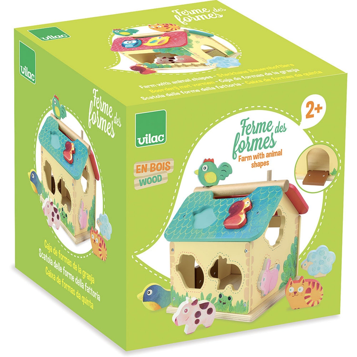 Vilac Farmhouse Shape Sorter with 10 Animals | Wooden Toddler Activity Toy | Packaging | BeoVERDE.ie